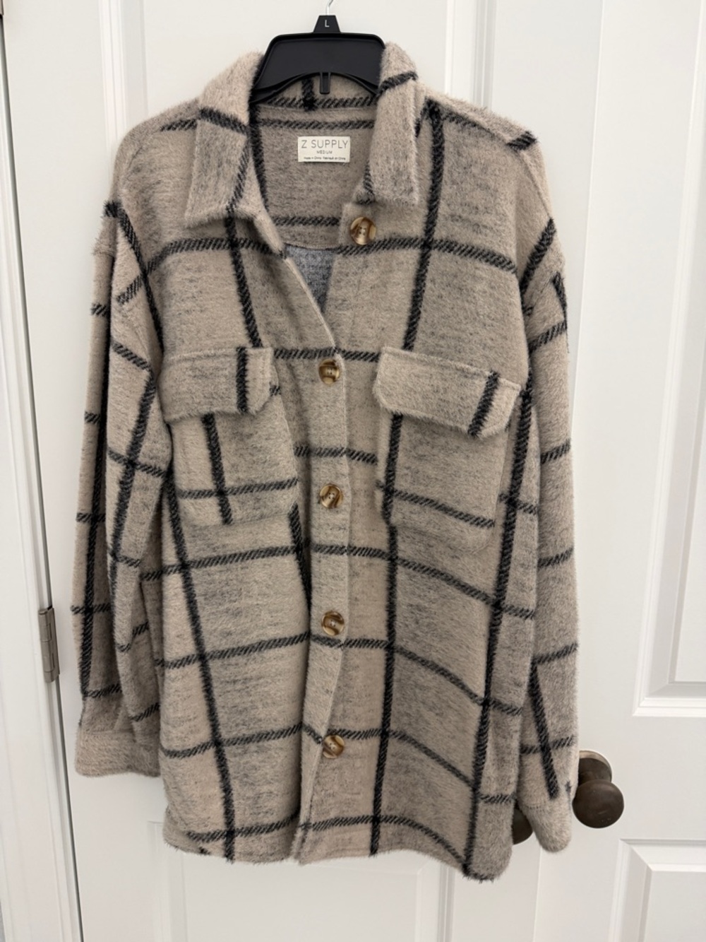 Z Supply Beige Plaid Button-Up Shacket with Black Grid